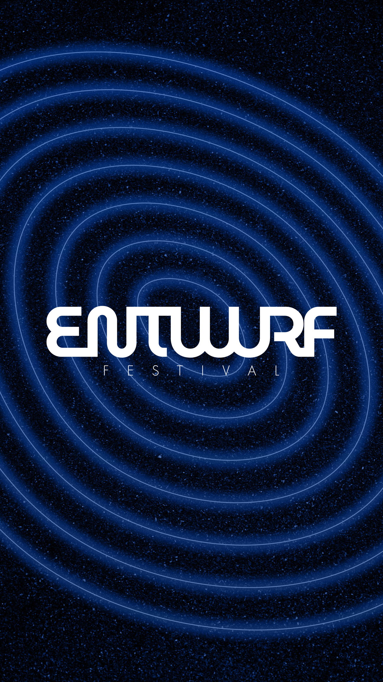Logotype de l'Entwurf Festival, événement musical sur une photographie spirale néon bleu, ancré dans l'univers créatif du design et de l'électro.