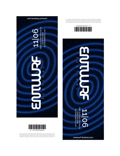 Ticket d'entrée au festival Entwurf adapté à l'identité visuelle.