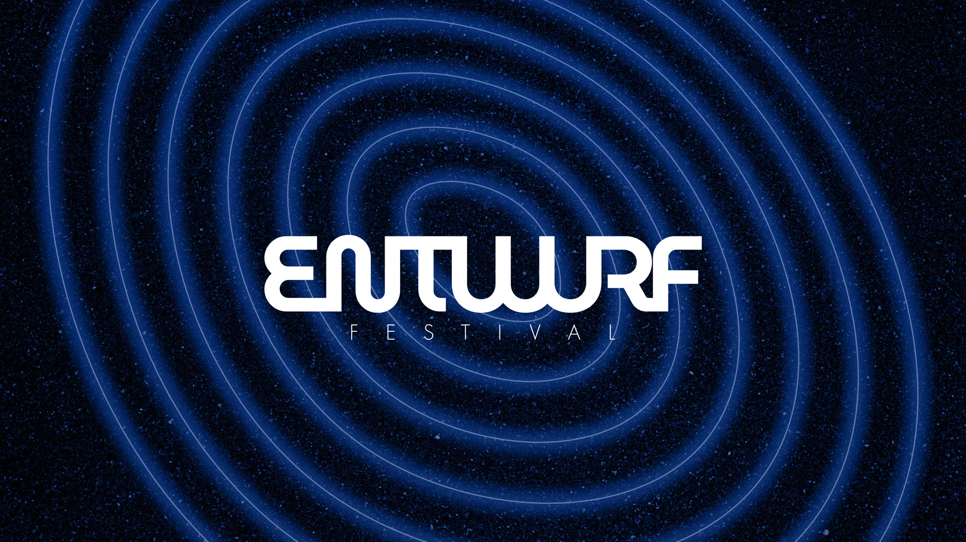 Identité visuelle de Entwurf Festival. Logotype blanc sur un fond spirale bleu et galaxie.