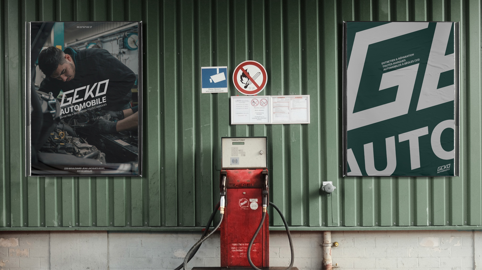 Affiches publicitaires branding. Une avec une photo d'un mécanicien, l'autre avec le logo en gros plan.