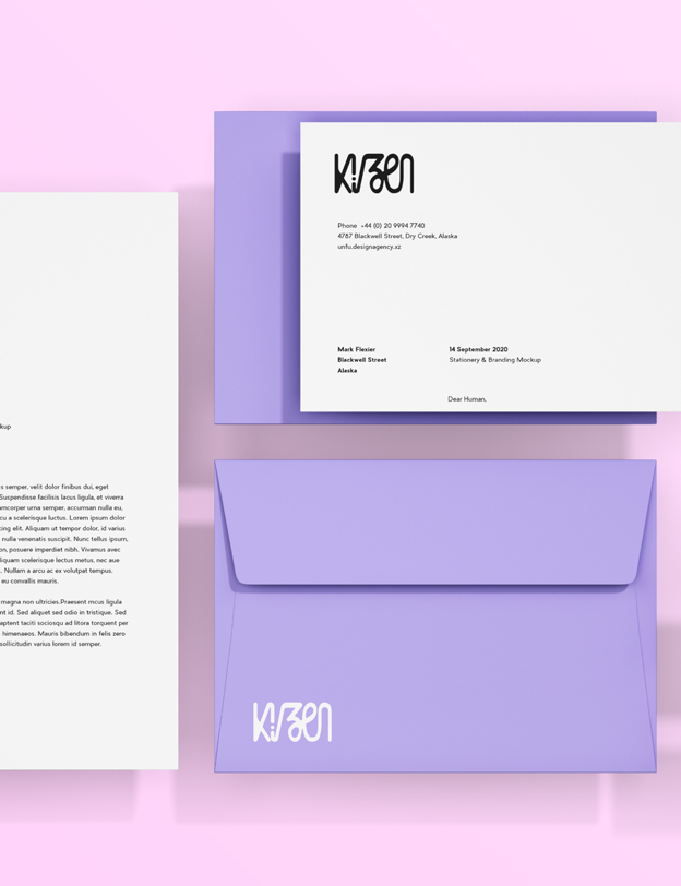 Ensemble de papeterie brandé avec le logo Kizen et ses couleurs.