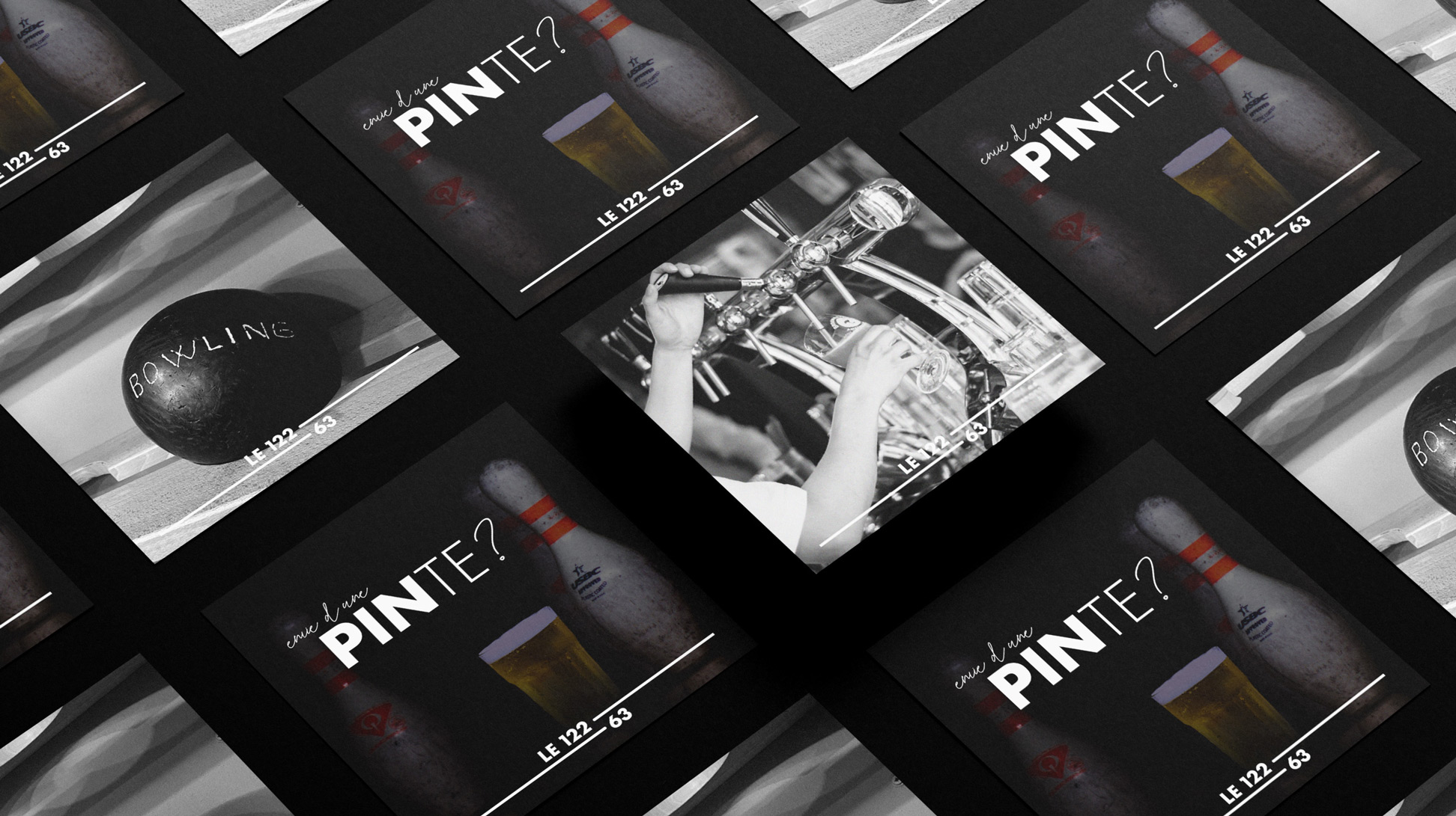 Stratégie social media dont ces visuels pour les posts Instagram pour le bar le 122.63. Contenus photographiques avec une sur-couche typographique concernant l'alliance du bowling et de la bière.
