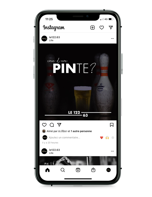Mise en situation d'un post Instagram pour le bar le 122.63, alliant bowling et une pinte de bière.