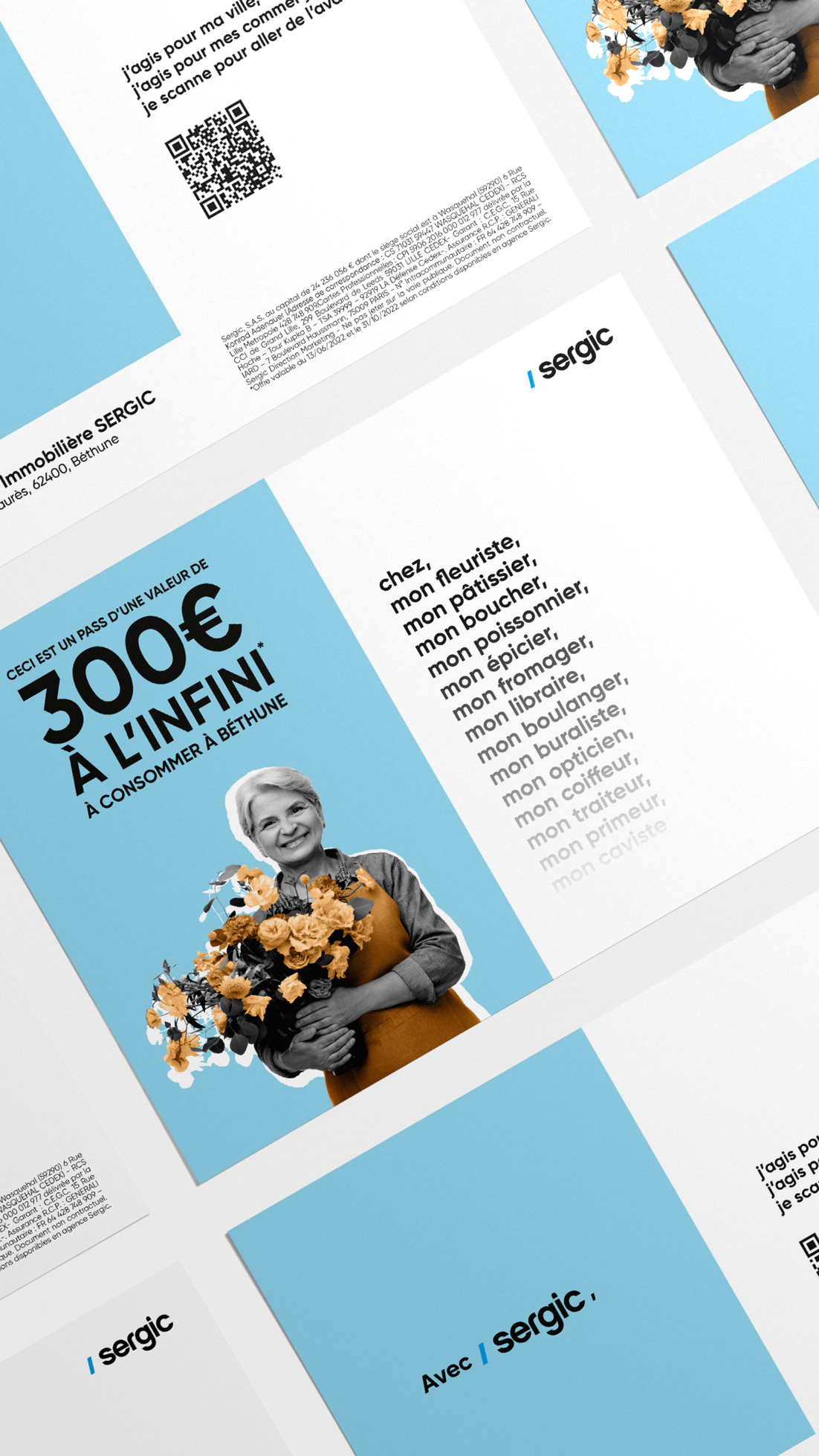 Flyer pub, bleu et blanc, valorisant les métiers de proximité avec un visuel d'une fleuriste.