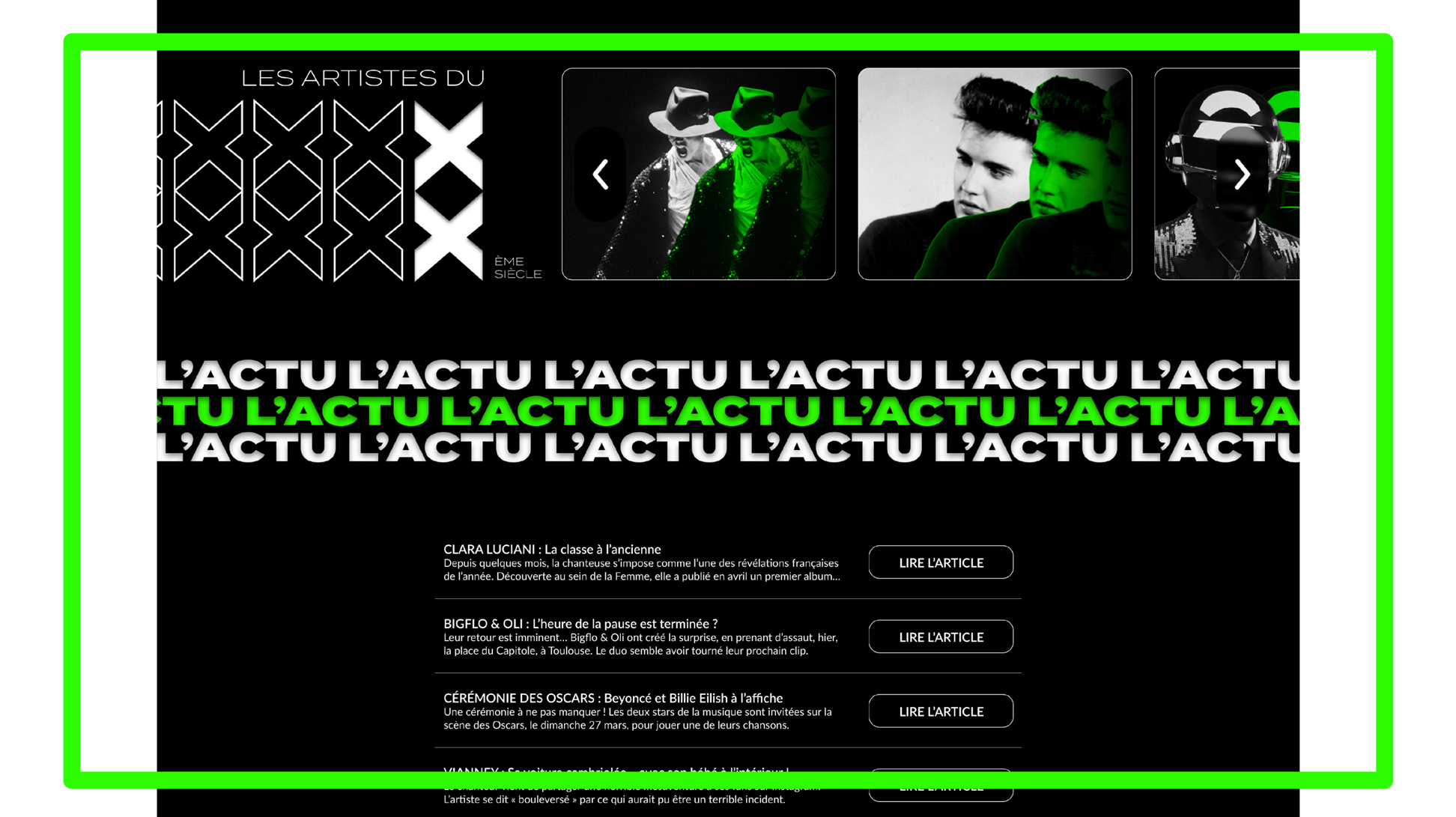 Sliders des pages de biographie et actualité musicale sur la homepage du site de Beaucoup Music