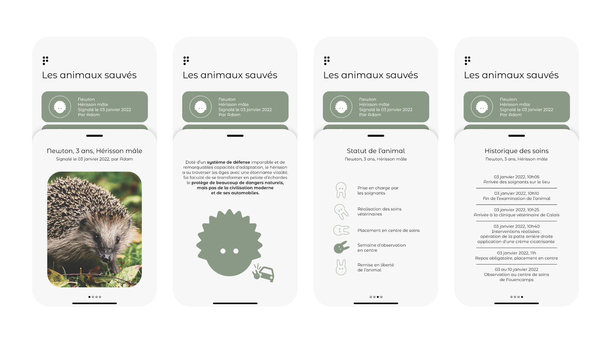 Interface de l'application Fonelp, où l'on peut y trouver les informations et les archives d'un animal sauvé.