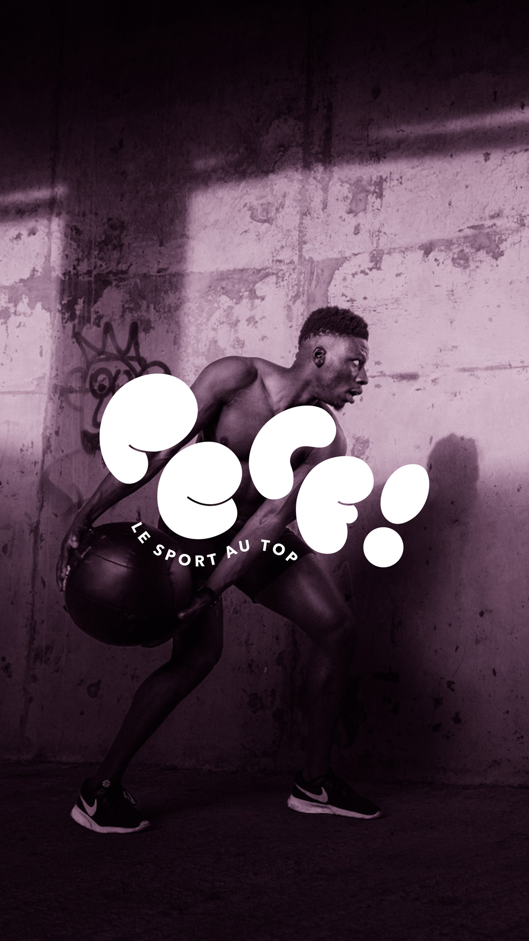 Visuel d'un performeur sportif avec un poids rond. Image en bichromie rose avec le logotype de Perf!.