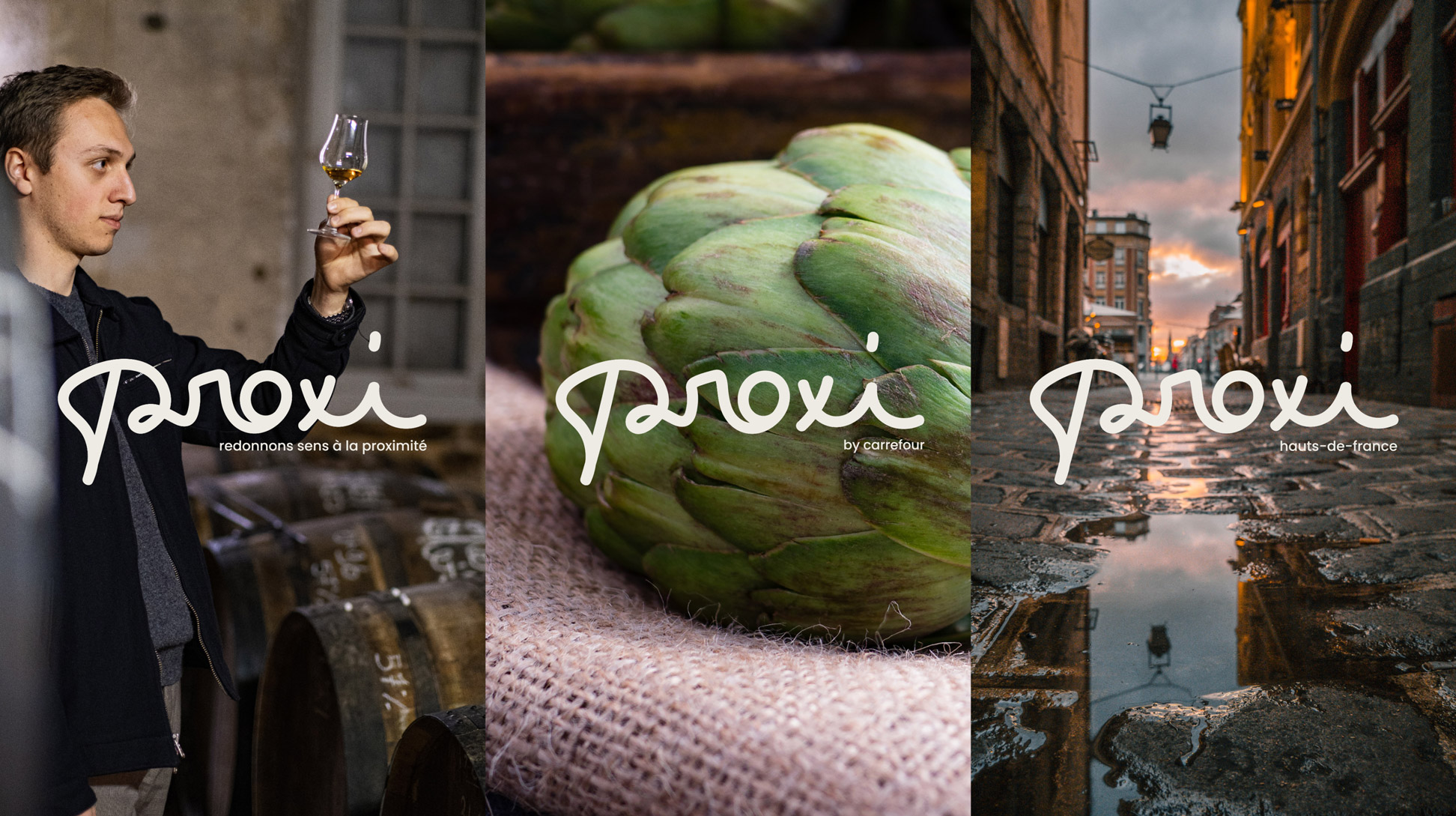 Les 3 logos Proxi : by carrefour, redonnons sens à la proximité et régional. Chacun sur une photo représentative : artisan, légume, ville.