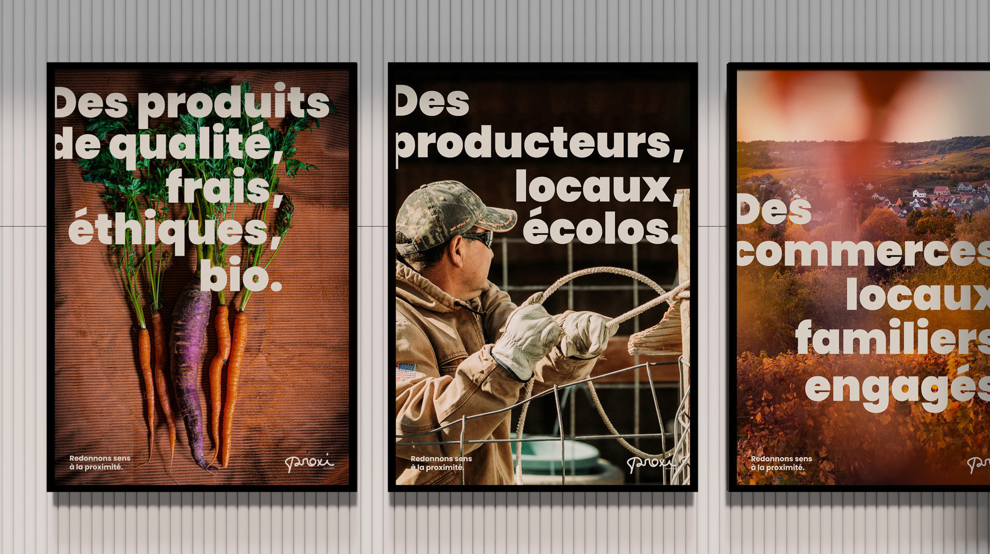 Campagne publicitaire éthique : Des produits de qualité, frais, éthiques, bio. Des producteurs locaux, écolos. Des commerces locaux, familiers, engagés.