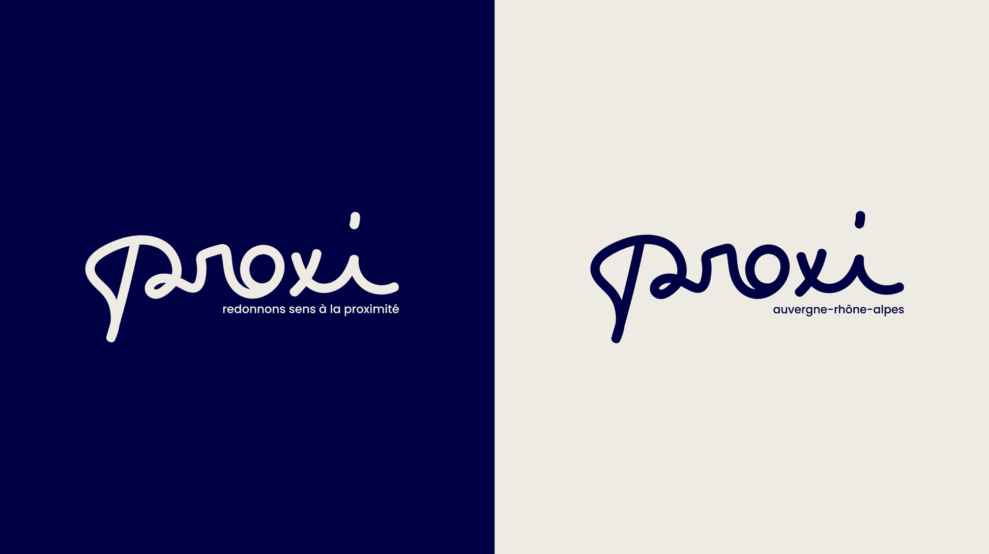 Logos Proxi sur fond bleu et crème.