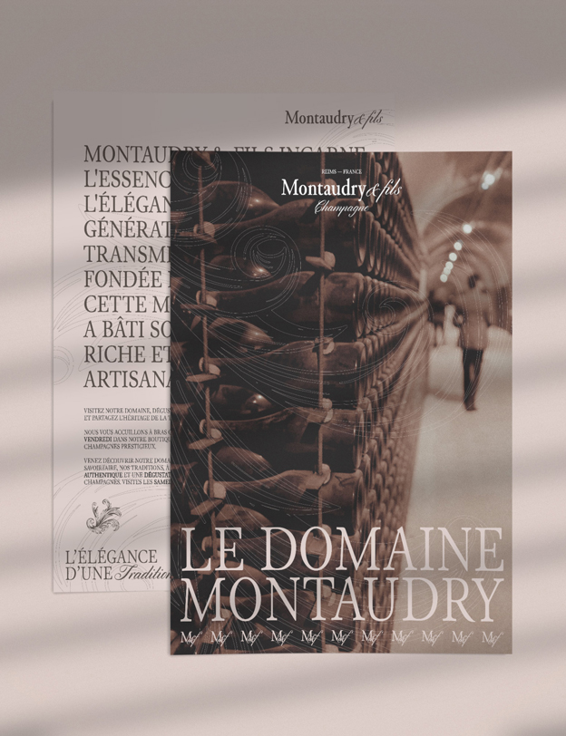 Flyer valorisant le domaine Montaudry avec une photo des caves.