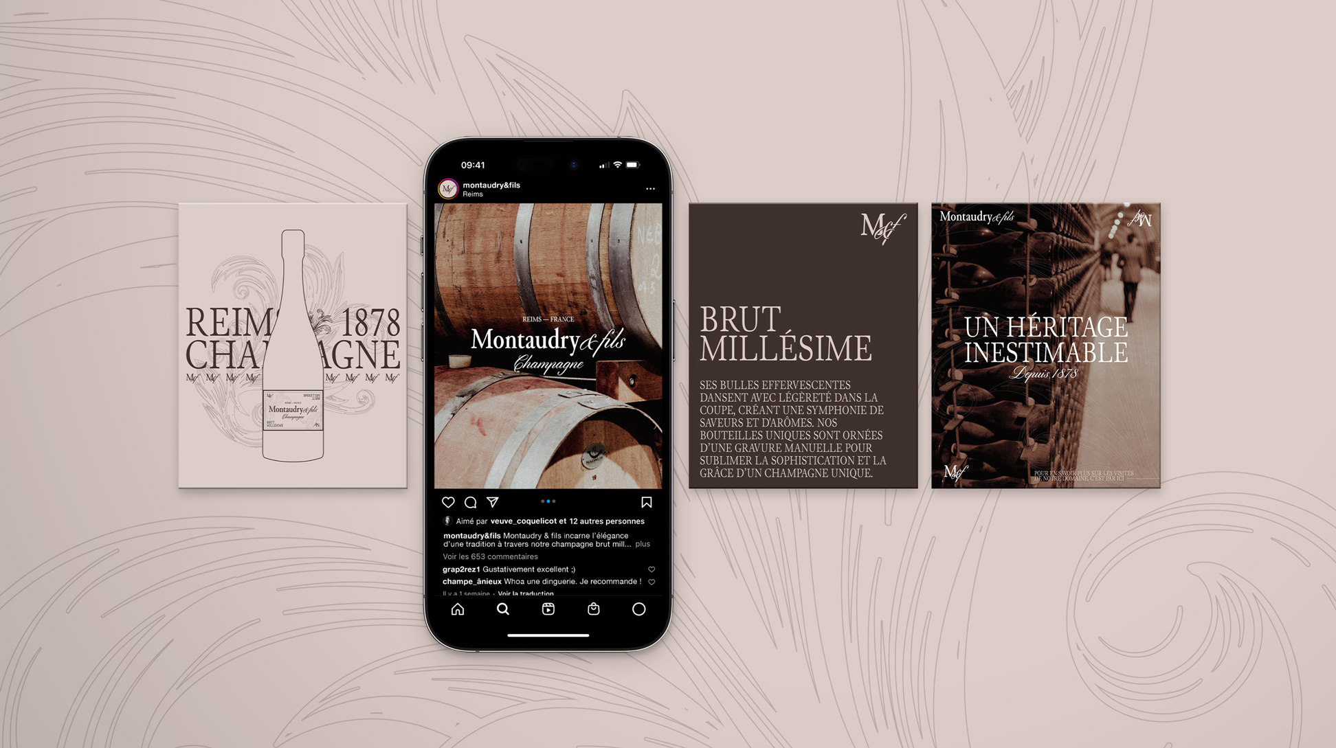 Carrousel Instagram dont deux posts informatifs et deux posts photographiques valorisant le raisin et les caves.