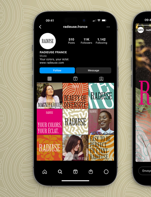 Feed Instagram coloré à l'image de la marque unissant typographie, iconographie et éléments graphiques.