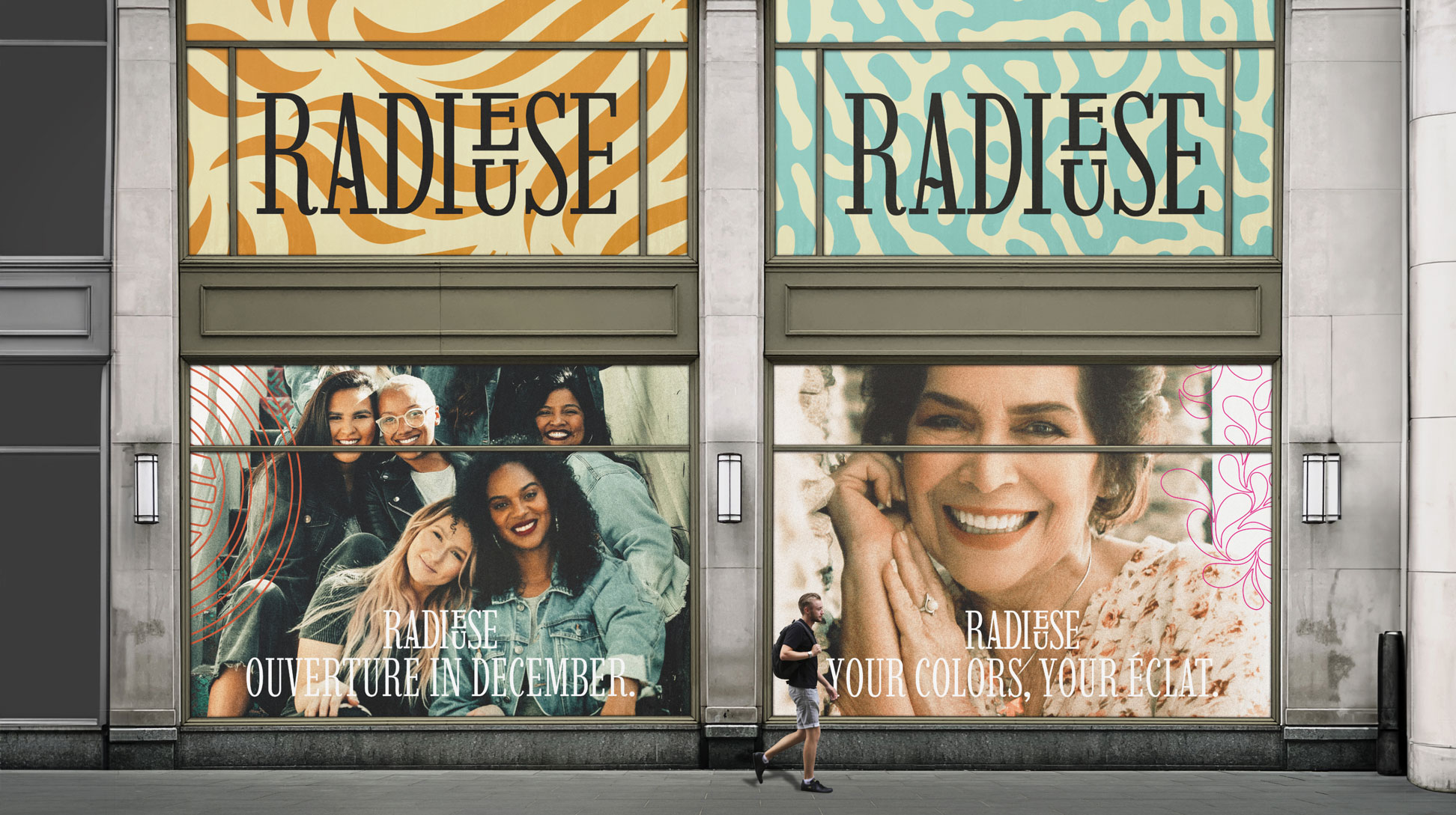 Vitrophanie. Vitrine d'un magasin de cosmétique Radieuse avant son ouverture. Reprise de l'image de marque.