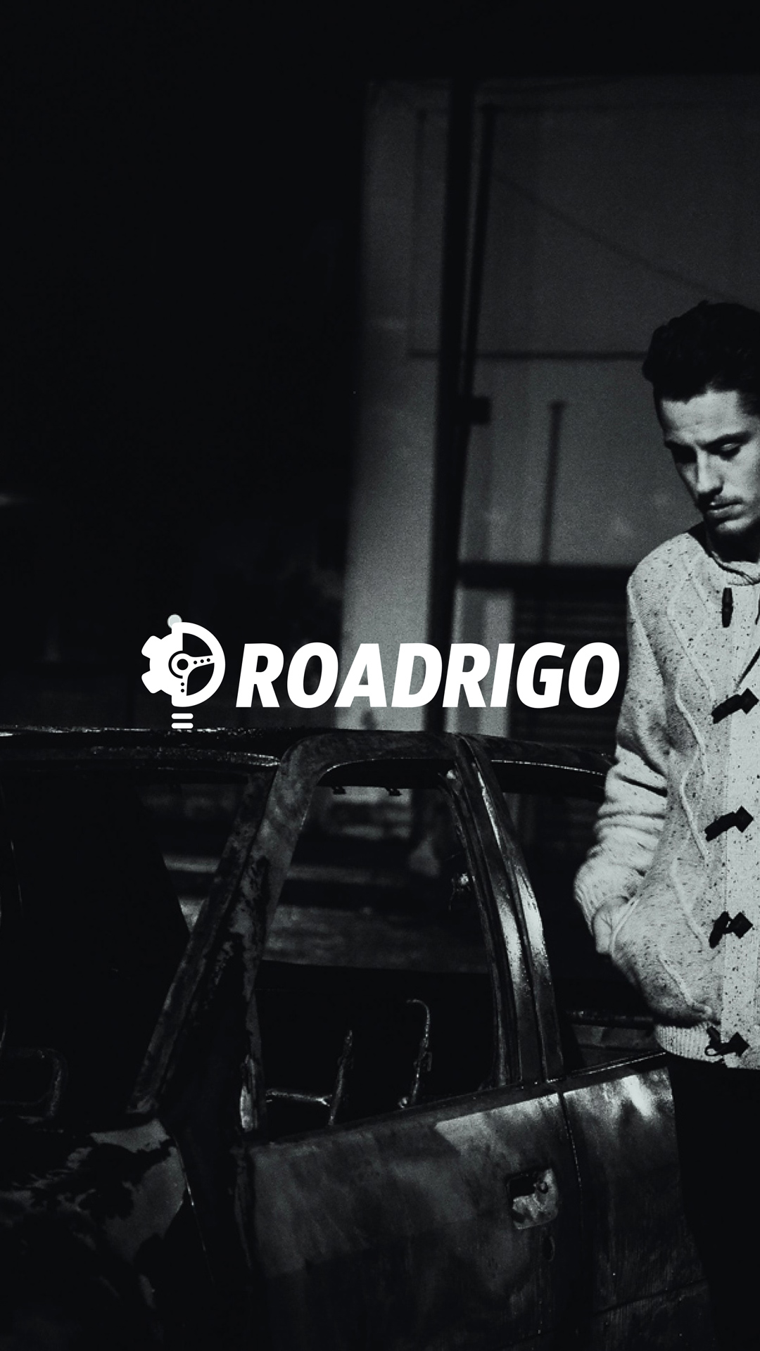 Logotype Roadrigo complet sur une image d'un véhicule avec un homme - Version mobile de la même image.