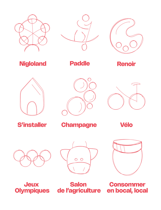 pictogrammes représentant les symboles de l'Aube : Nigloland, paddle, Renoir, champagne, vélo, JO, salon de l'agriculture, gastronomie