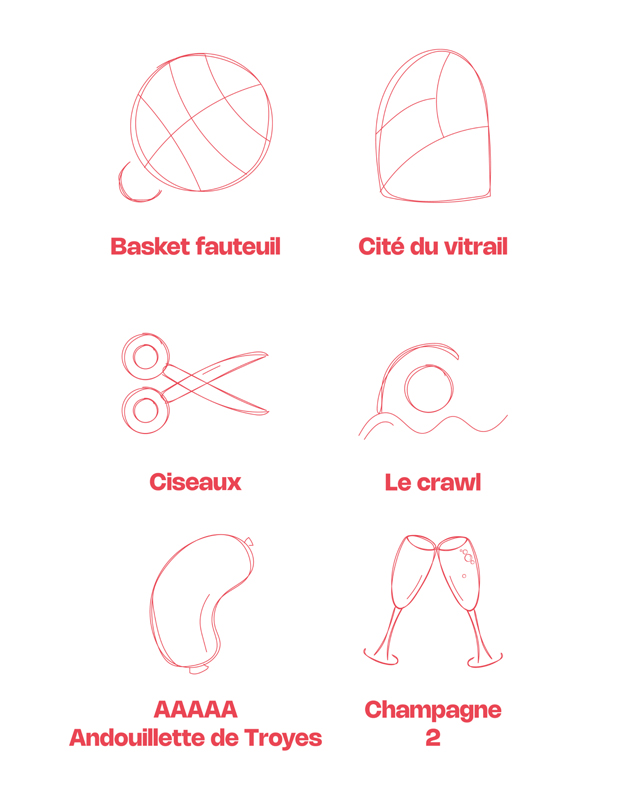 pictogrammes représentant les symboles de l'Aube : basket fauteuil, cité du vitrail, crawl, andouillettes de Troyes, Champagne