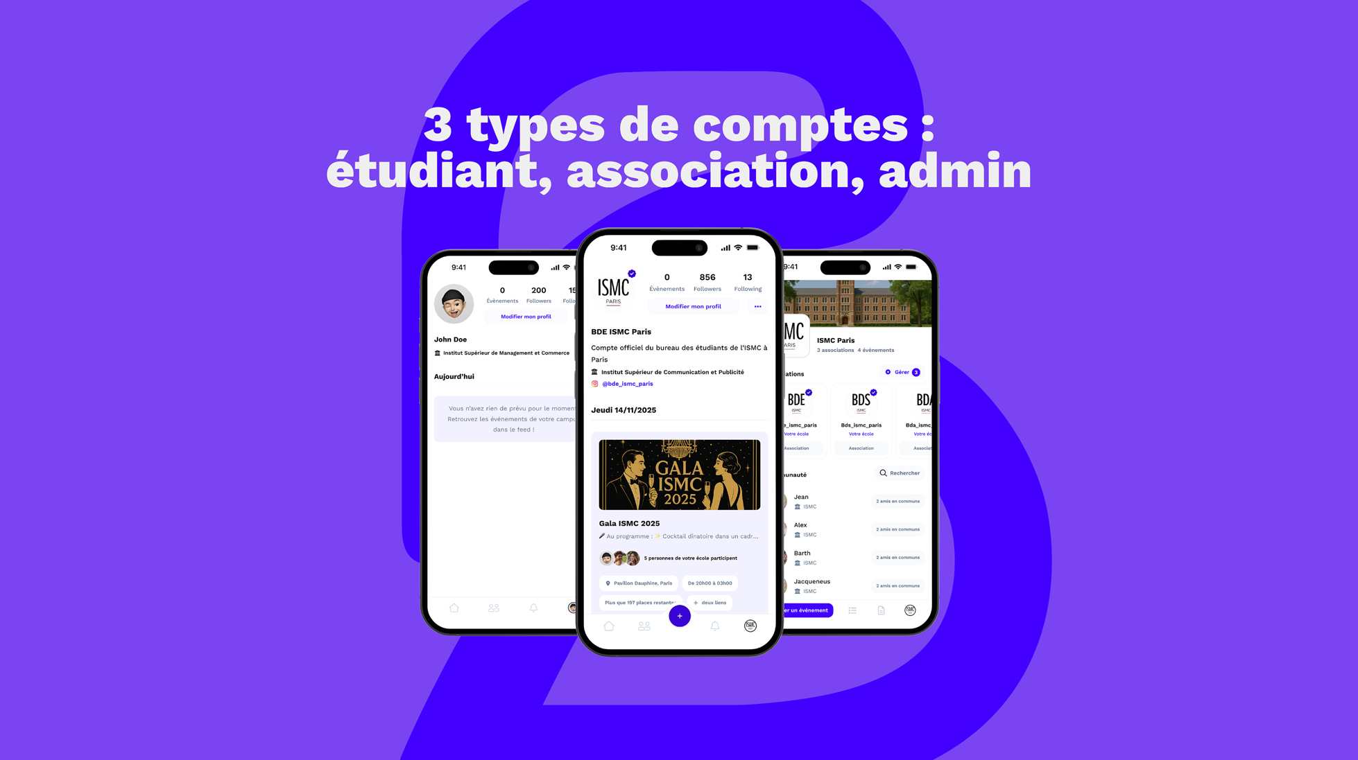 3 types de comptes : étudiant, asso, admin