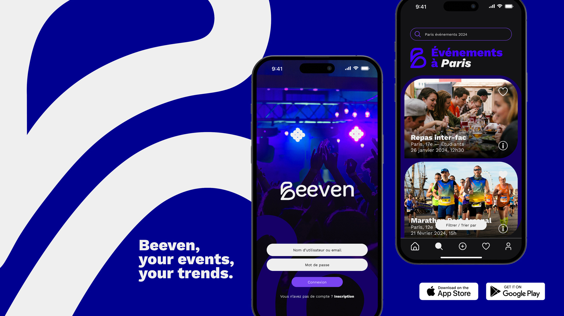 Extrait fictif de l'application mobile, avec le signe B en arrière plan, sur fond bleu
