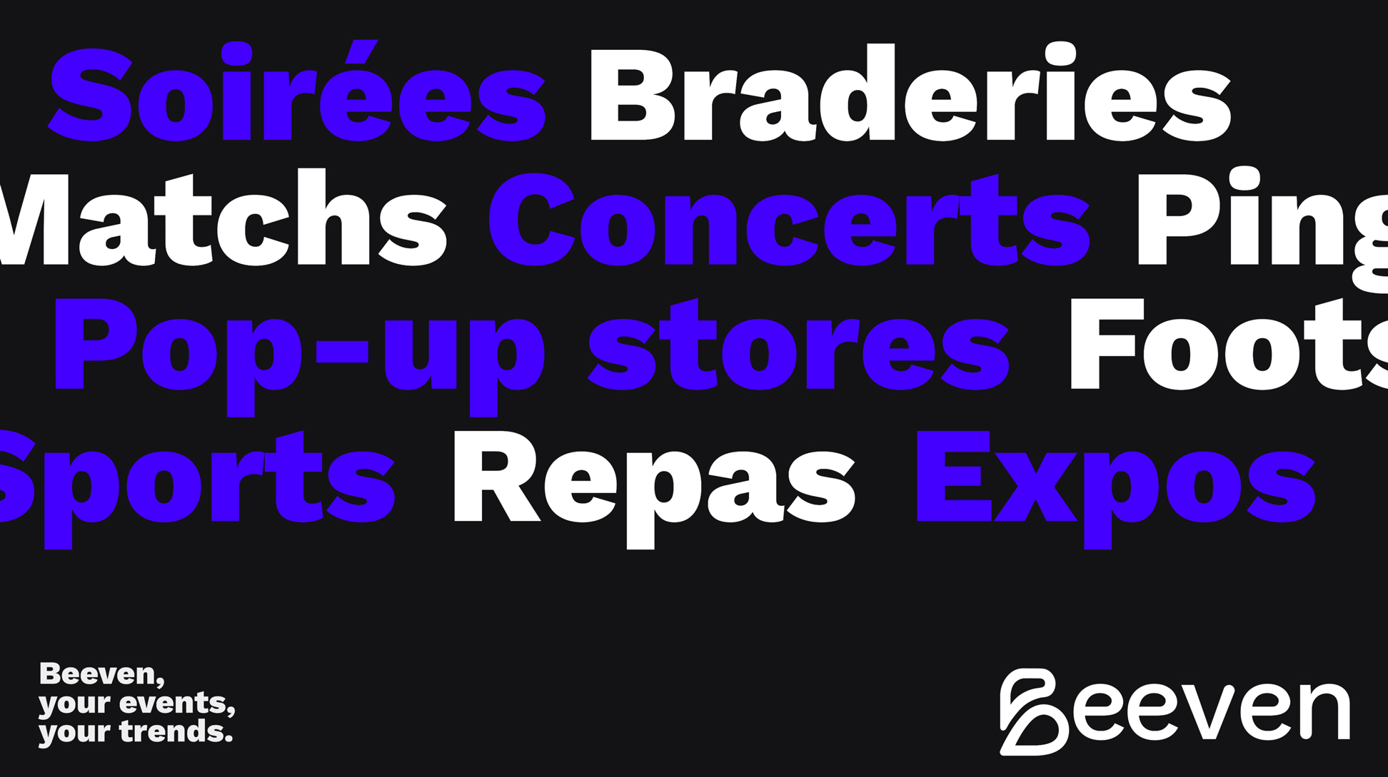Soirées, braderies, matchs, concerts, pingpong, pop-up stores, sports, repas, expos. Mots écris en blanc et bleu sur fond noir, avec le logo Beeven en bas.