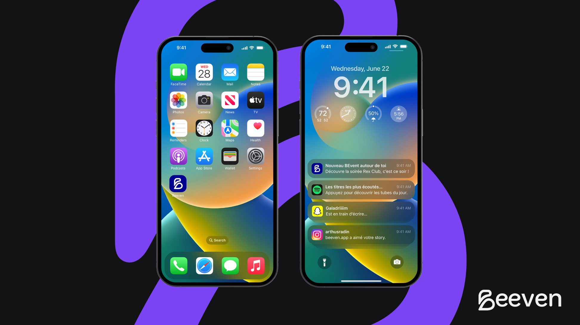 Extrait de l'icône de l'application mobile et de la notification, avec le signe B violet en arrière plan, sur fond bleu