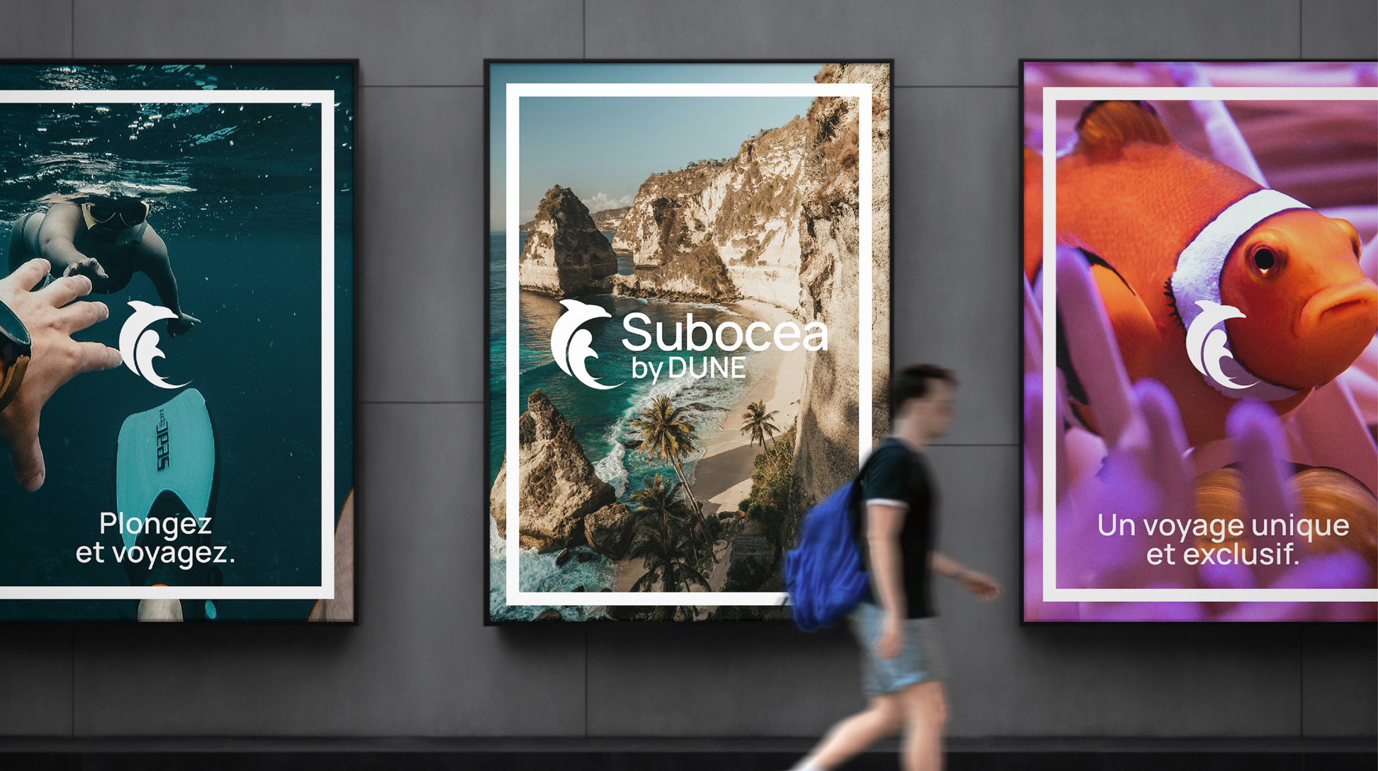 Affiches publicitaires Subocea valorisant la plongée, les paysages paradisiaques et les animaux marins