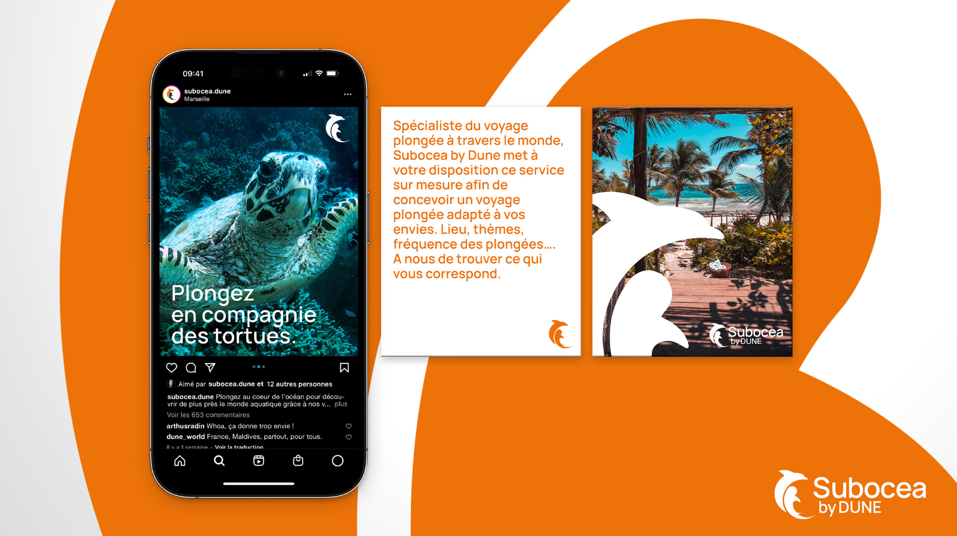 Post Instagram carrousel dont une tortue, un texte explicatif de la marque et un paysage, le tout avec les éléments graphiques de la marque