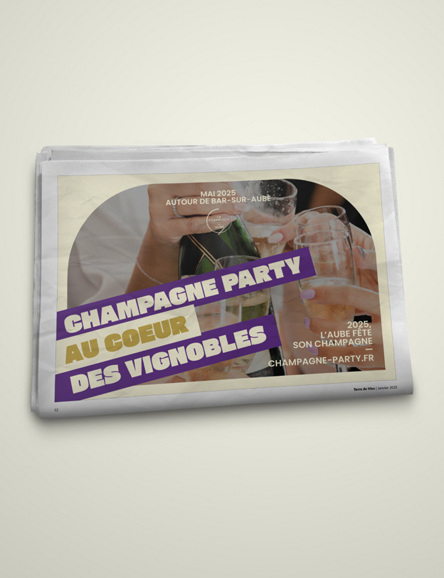 Encart publicitaire dans un journal papier "Champagne party au coeur des vignobles"