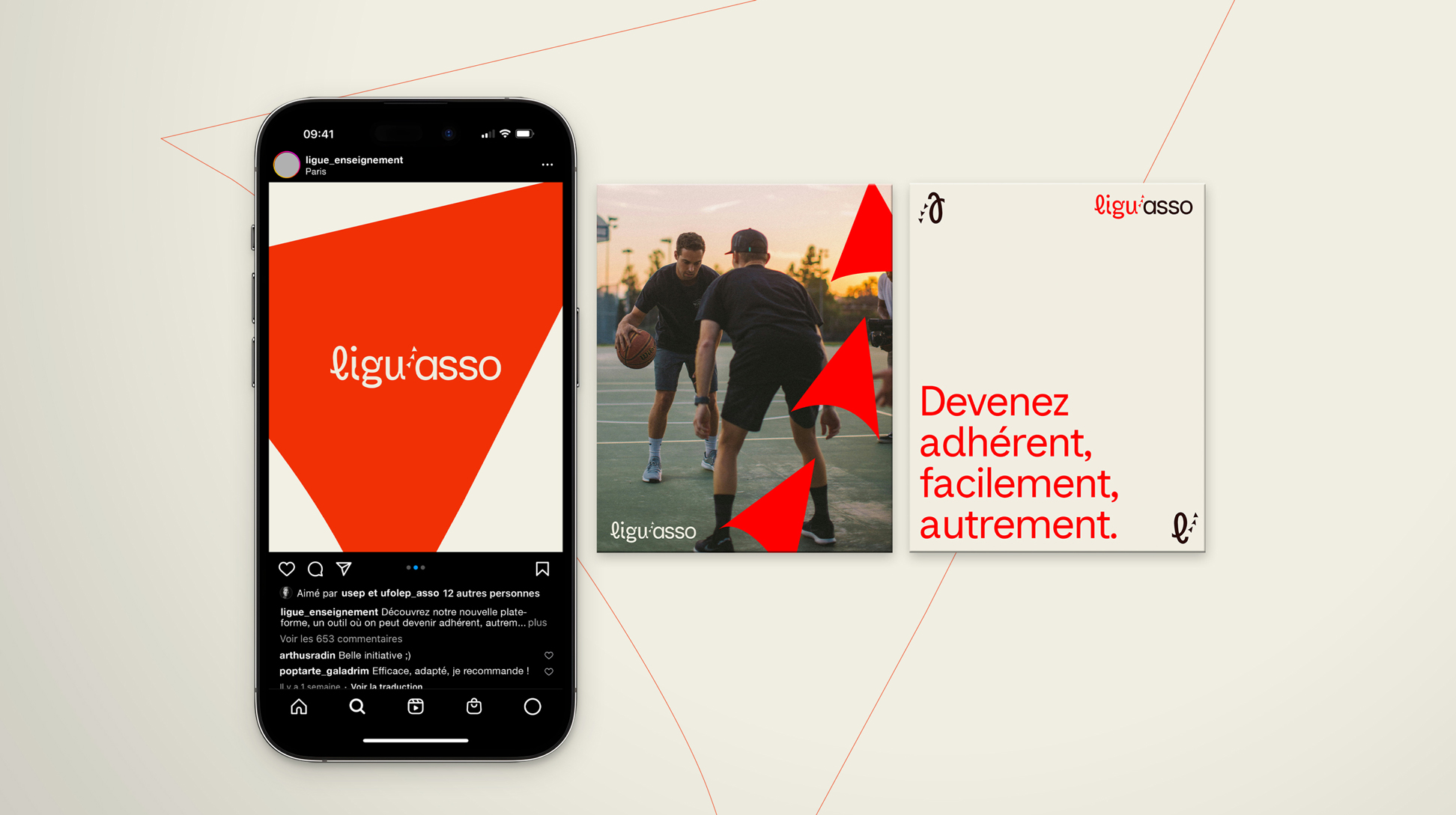 Visuels pour posts instagram de Ligu'asso. Logo, photo d'enfants au foot, slogan.
