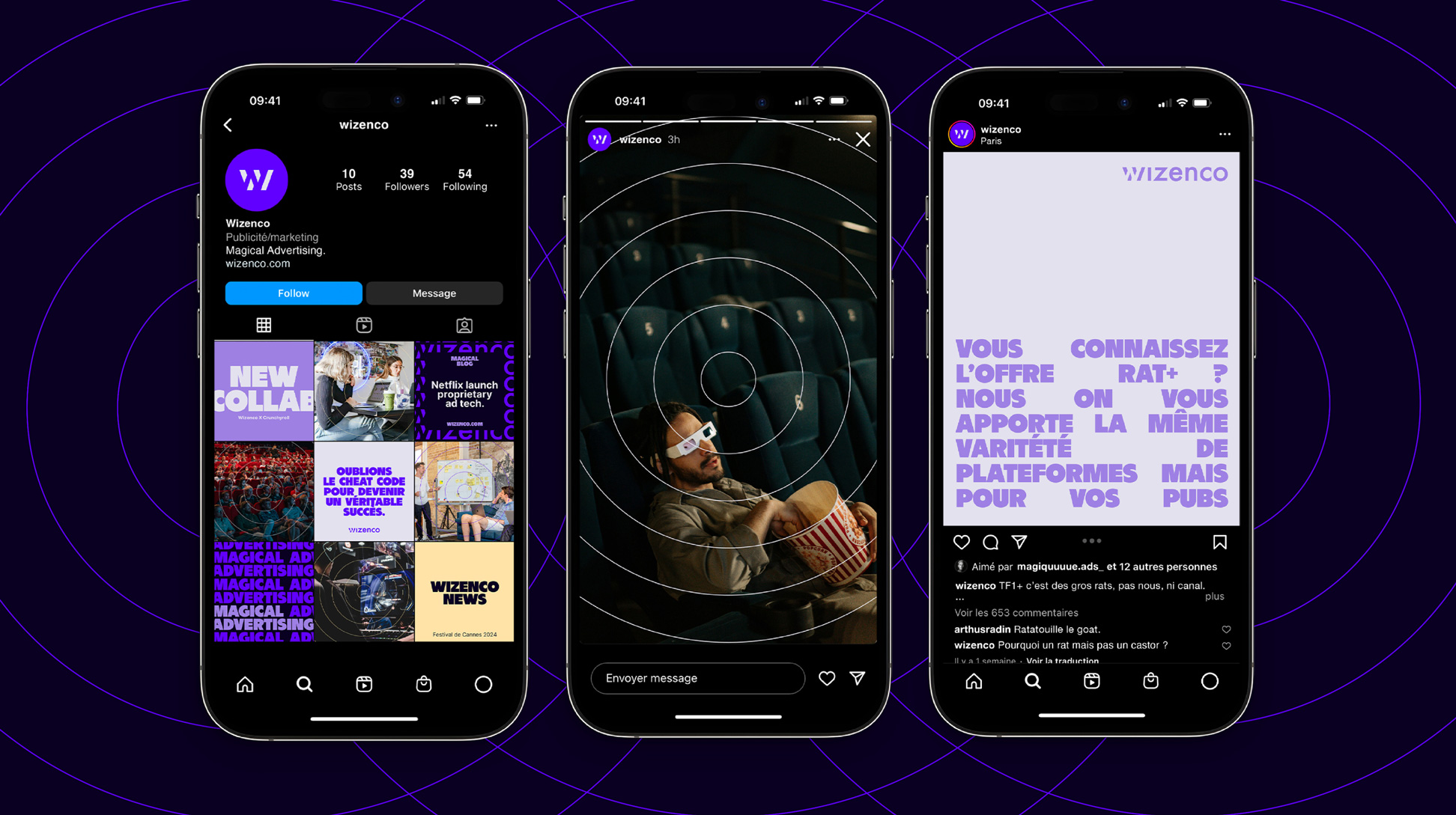 Projection de l'Instagram de Wizenco, feed, post, story.